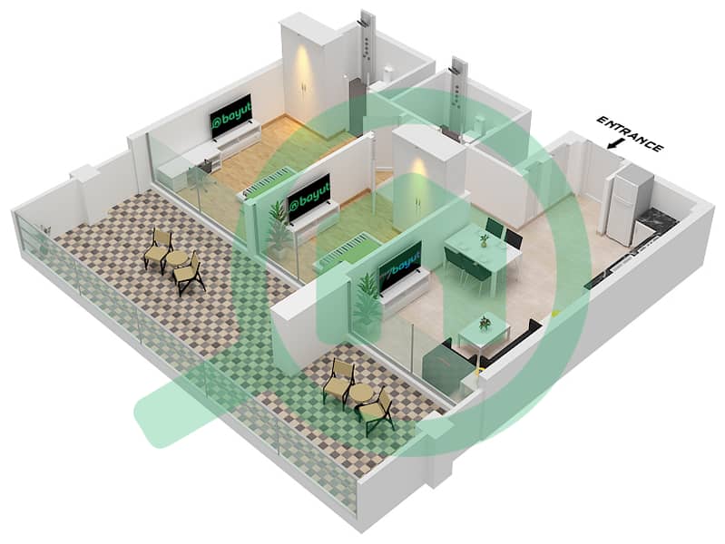 阿齐兹里维埃拉40号楼 - 2 卧室公寓类型1A FLOOR 1戶型图 1A Floor 1 interactive3D