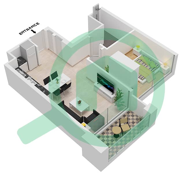 Azizi Riviera 40 - 1 Bedroom Apartment Type 2B FLOOR 2-10 Floor plan 2B Floor 2-10 interactive3D