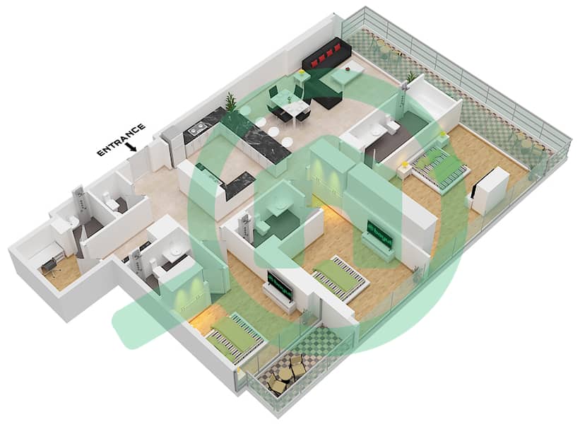 المخططات الطابقية لتصميم النموذج 02 SUITE 1,3 FLOOR 18-25 شقة 3 غرف نوم - مارينا جيت 1 Type 02 Suite 1,3 Floor 18-25 interactive3D