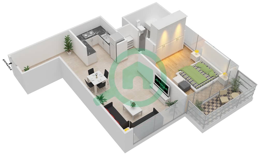 Oakwood Residency - 1 Bedroom Apartment Type/unit D / 4,14 Floor plan interactive3D