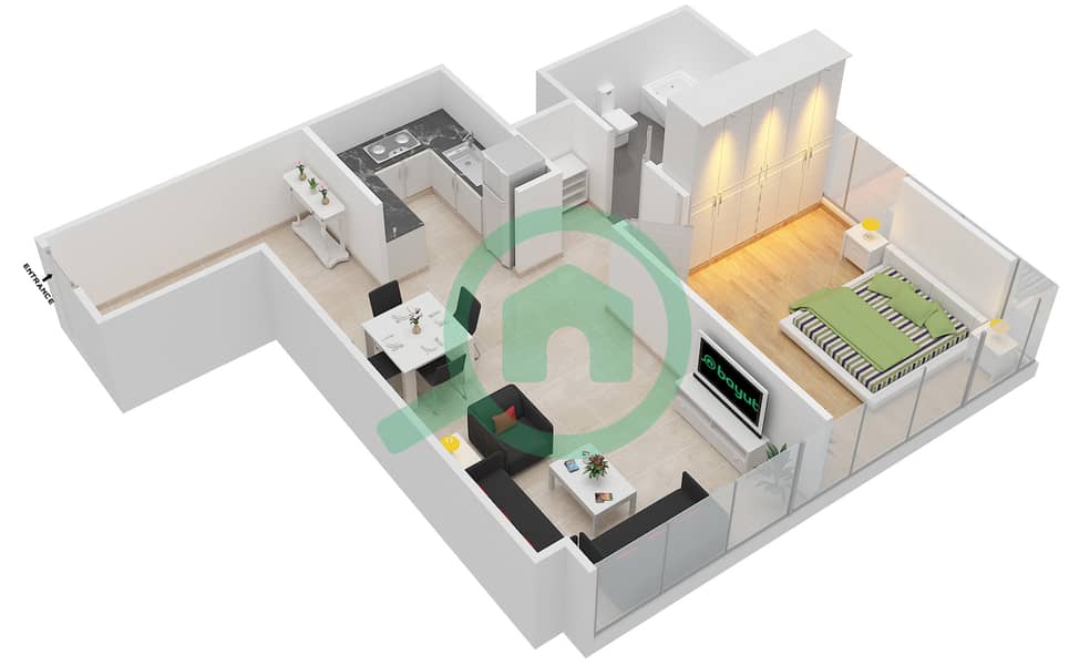 奥克伍德住宅区 - 1 卧室公寓类型／单位M / 4,14戶型图 Floor 2-14
Unit 4,14 interactive3D