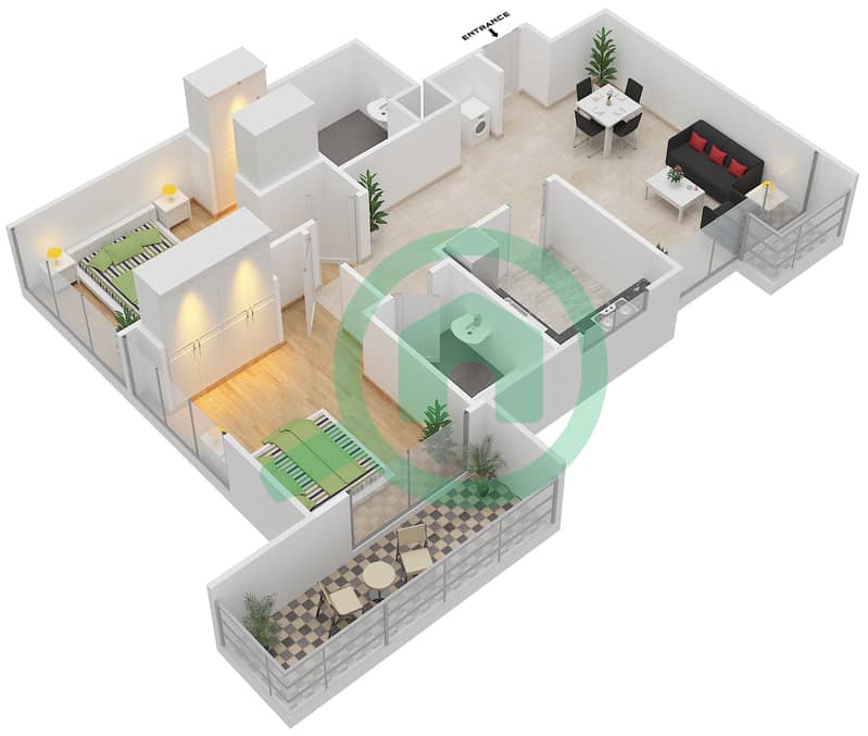 奥克伍德住宅区 - 2 卧室公寓类型／单位Q / 4戶型图 Floor 17 , 15-16
Unit 4 interactive3D