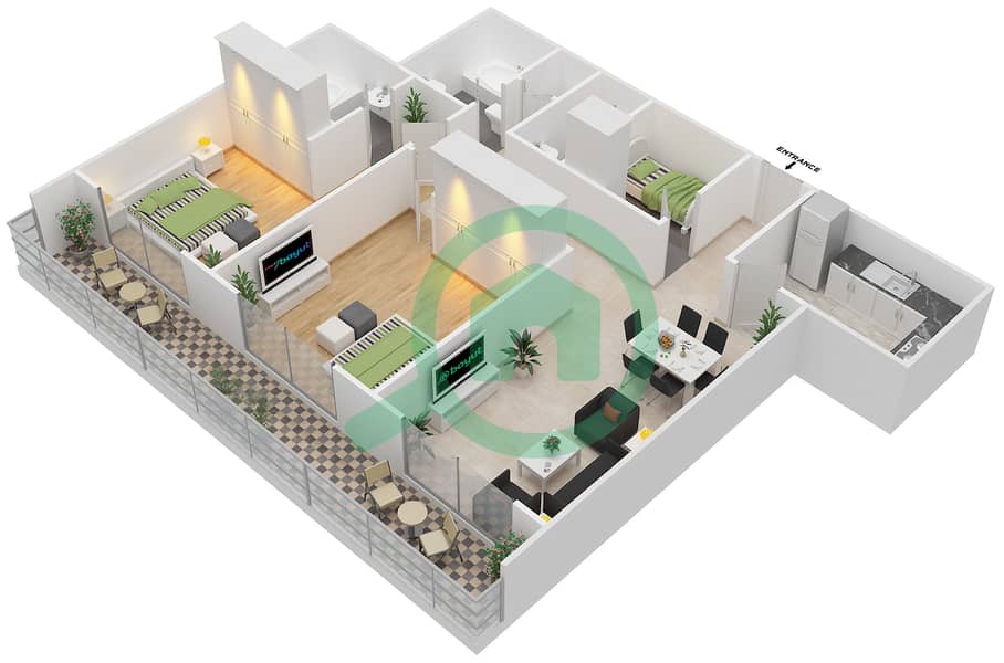 Oakwood Residency - 2 Bedroom Apartment Type/unit N/1,12 Floor plan Floor 15-16
Unit 1,12 interactive3D