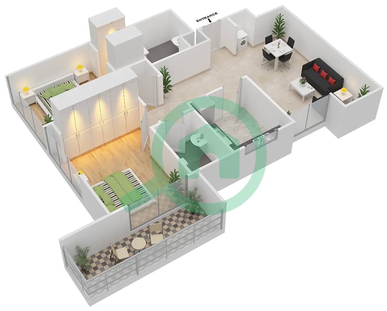 奥克伍德住宅区 - 2 卧室公寓类型／单位Q / 10戶型图 Floor 15-16, 17
Unit 10 interactive3D