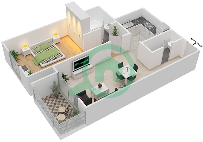 奥克伍德住宅区 - 1 卧室公寓类型／单位C/18戶型图 Floor 1 , 2-14
Unit 18 interactive3D