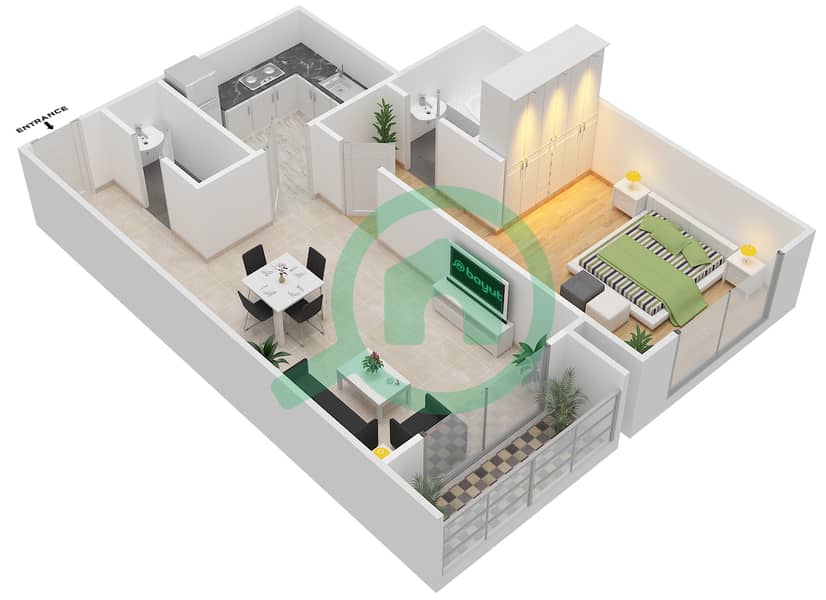 Oakwood Residency - 1 Bedroom Apartment Type/unit C / 3 Floor plan Floor 1,  2-14
Unit 3 interactive3D