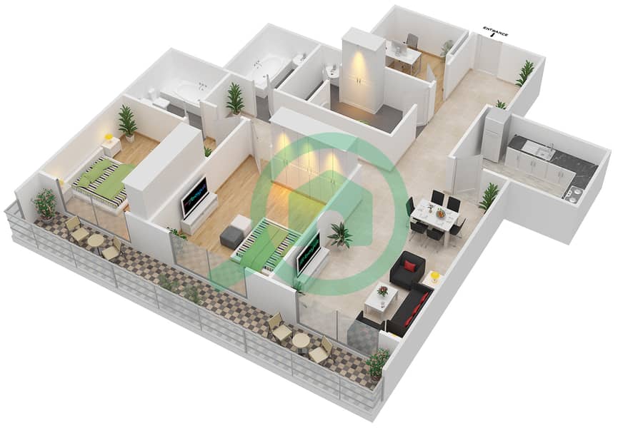 奥克伍德住宅区 - 2 卧室公寓类型／单位S/6,7戶型图 Floor 15-16
Units 6,7 interactive3D