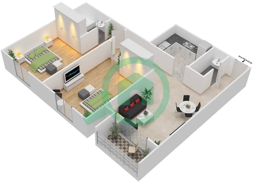 المخططات الطابقية لتصميم النموذج / الوحدة R / 5,11 شقة 2 غرفة نوم - أوك وود ريزيدينسي Floor 15-16
Units 5,11 interactive3D