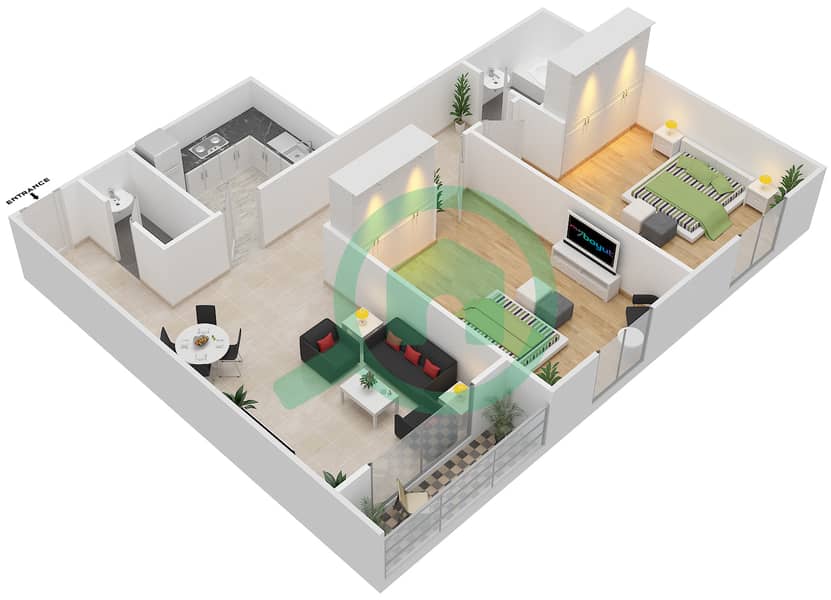 奥克伍德住宅区 - 2 卧室公寓类型／单位O/2,8戶型图 Floor 15-16
Unit 2,8 interactive3D