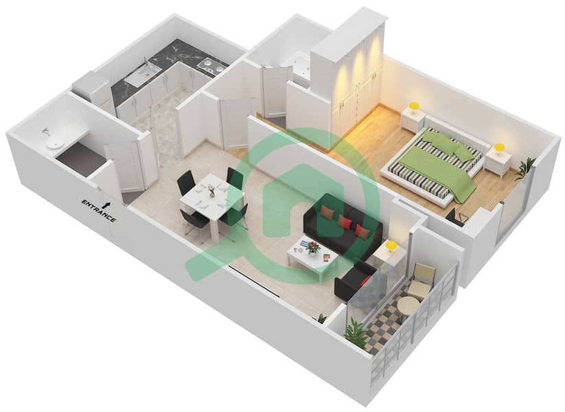 奥克伍德住宅区 - 1 卧室公寓类型／单位L / 13戶型图 Floor 2-14
Unit 13 interactive3D