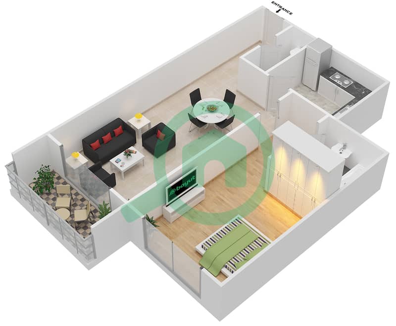 奥克伍德住宅区 - 1 卧室公寓类型／单位B/2,19戶型图 Floor 1
Unit 2,19 interactive3D