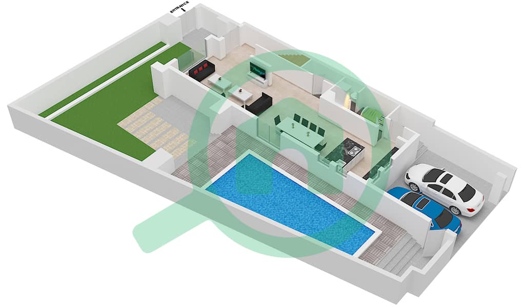 المخططات الطابقية لتصميم النموذج A فیلا 4 غرف نوم - إنديجو فل 1 Ground Floor interactive3D
