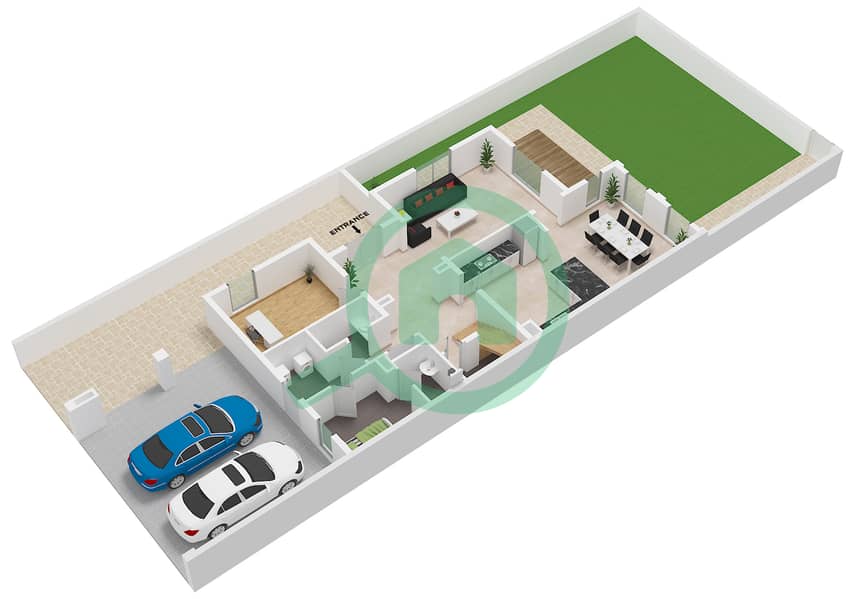 المخططات الطابقية لتصميم النموذج 01E فیلا 3 غرف نوم - الينابيع 8 Ground Floor interactive3D