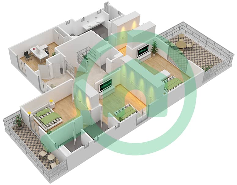 المخططات الطابقية لتصميم النموذج 1 فیلا 3 غرف نوم - ديما 1 First Floor interactive3D