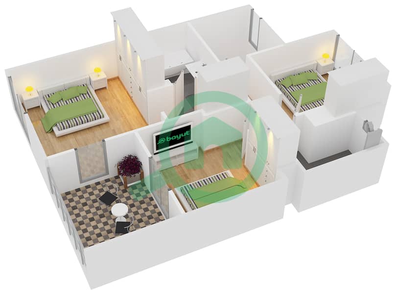 المخططات الطابقية لتصميم النموذج / الوحدة 5/MID UNIT تاون هاوس 4 غرف نوم - نور تاون هاوس First Floor interactive3D