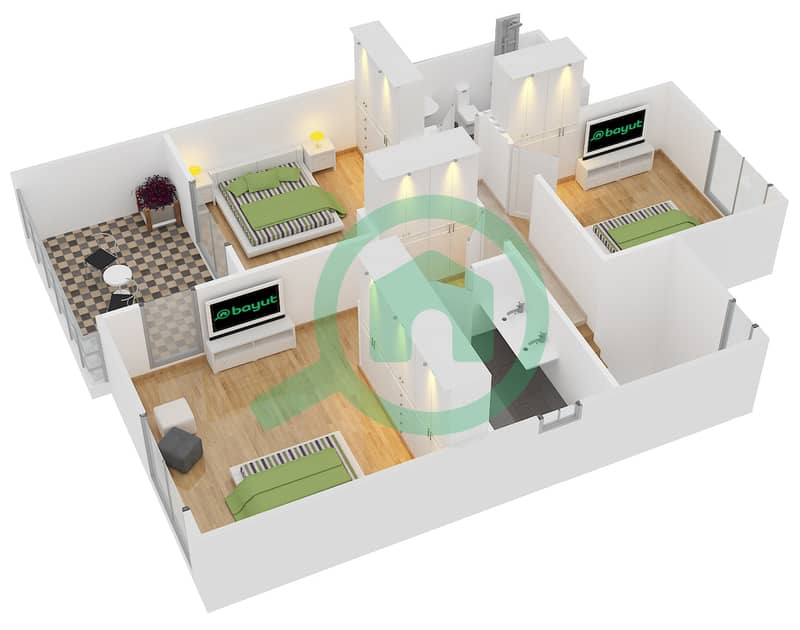 المخططات الطابقية لتصميم النموذج / الوحدة 4/END UNIT تاون هاوس 4 غرف نوم - نور تاون هاوس First Floor interactive3D