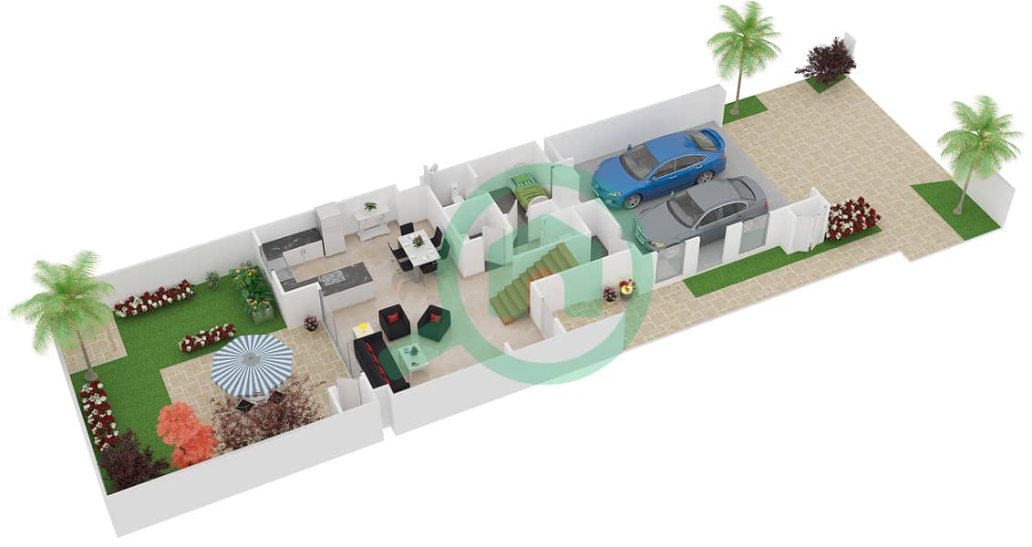 Noor Townhouses - 3 Bedroom Townhouse Type/unit 1/MID UNIT Floor plan Ground Floor interactive3D