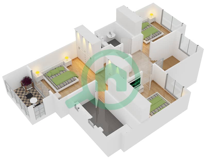 努尔联排别墅 - 3 卧室联排别墅类型／单位1/MID UNIT戶型图 First Floor interactive3D