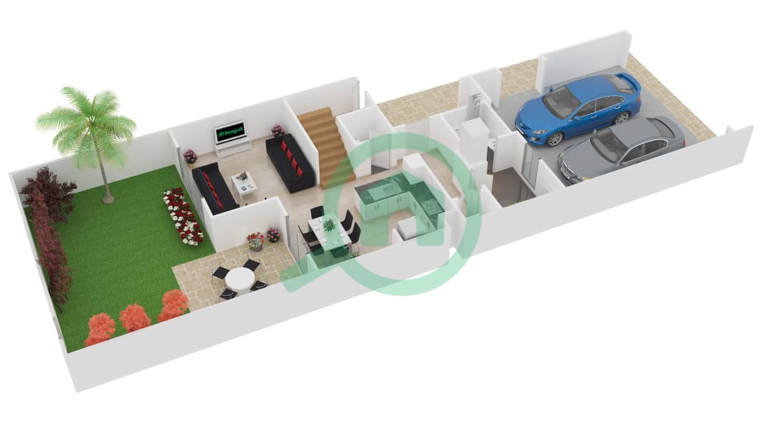 المخططات الطابقية لتصميم النموذج / الوحدة 2/MID UNIT تاون هاوس 3 غرف نوم - نور تاون هاوس Ground Floor interactive3D