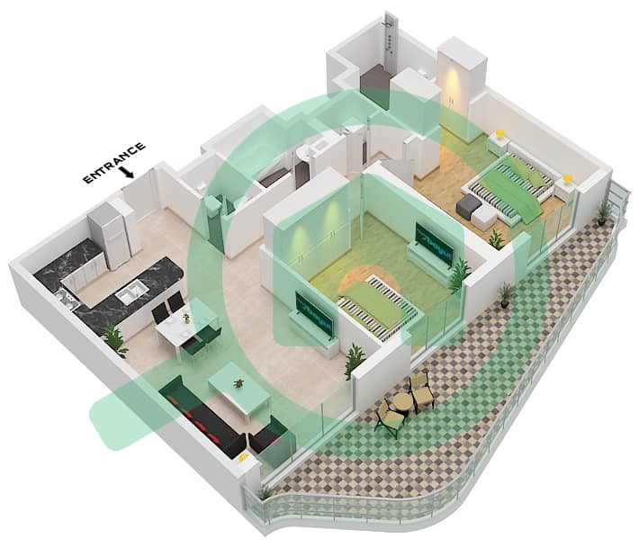 Россо Бэй Резиденсес - Апартамент 2 Cпальни планировка Тип 2A 2A interactive3D
