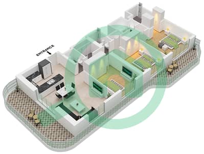 المخططات الطابقية لتصميم النموذج 3A شقة 3 غرف نوم - روسو باي ريزيدنسز