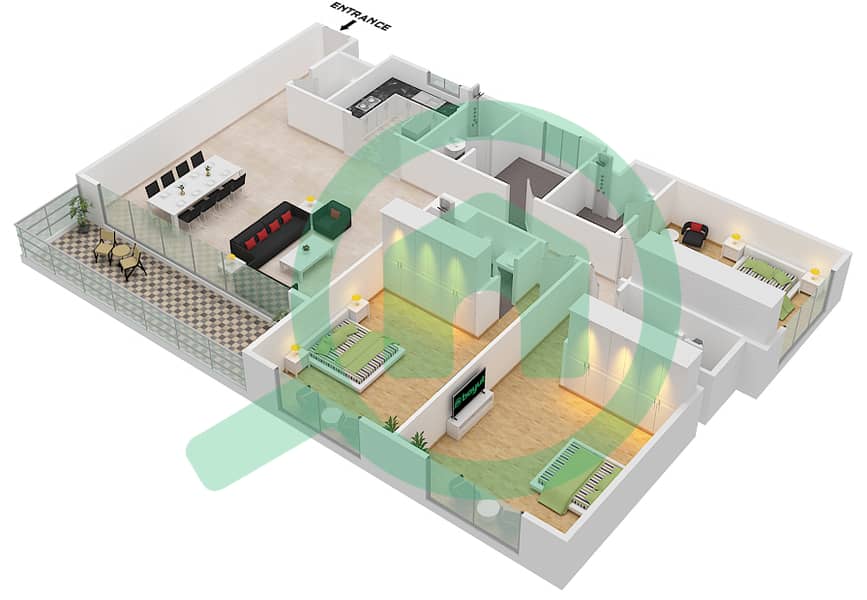 المخططات الطابقية لتصميم النموذج G1 شقة 3 غرف نوم - لمى 22 interactive3D