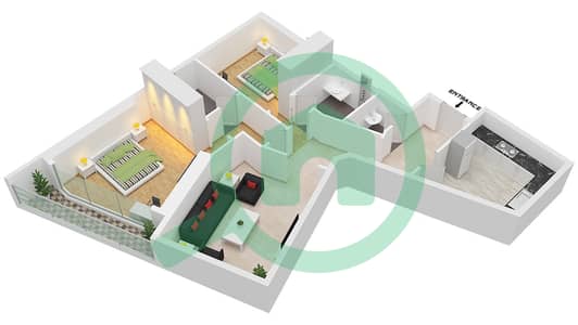 المخططات الطابقية لتصميم النموذج 10 شقة 2 غرفة نوم - برج آرت