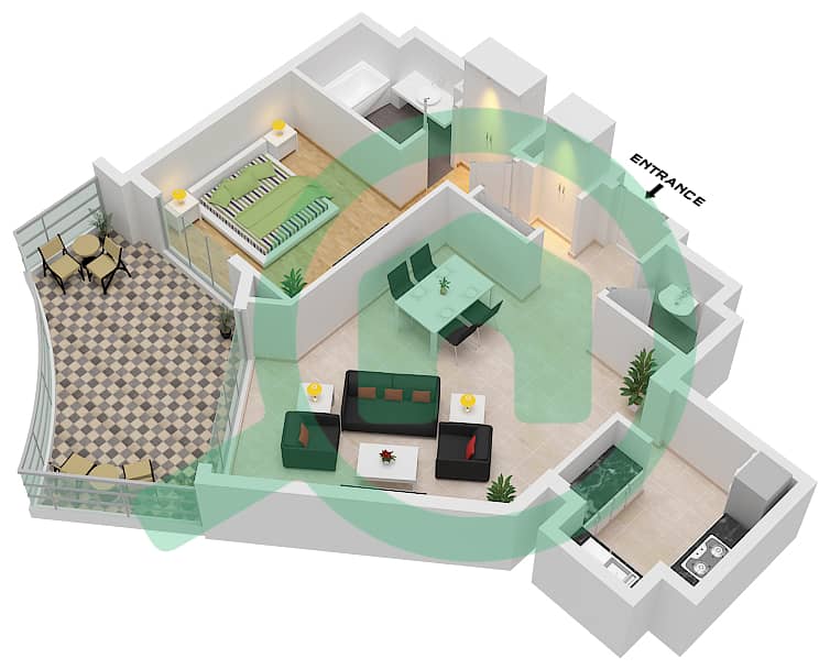 المخططات الطابقية لتصميم الوحدة 27C FLOOR 1-10 شقة 1 غرفة نوم - ابراج اجوان Unit 27C Floor 1-10 interactive3D