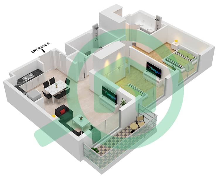 المخططات الطابقية لتصميم النموذج / الوحدة 3B / 09 FLOOR 2-17 شقة 2 غرفة نوم - برج كلوب درايف B 3B Unit 09 Floor 2-17 interactive3D