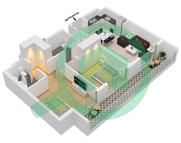المخططات الطابقية لتصميم النموذج / الوحدة 6 / 8 FLOOR 1 شقة 2 غرفة نوم - برج كلوب درايف B 6 Unit 8 Floor 1 interactive3D