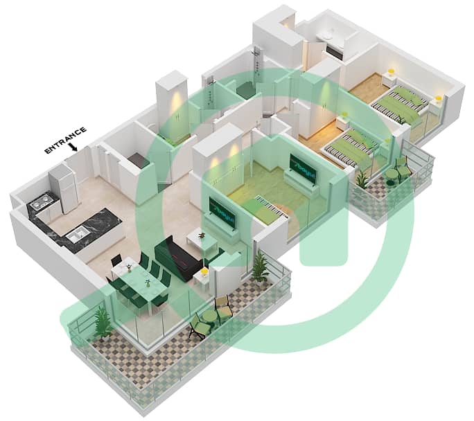 المخططات الطابقية لتصميم النموذج / الوحدة 2 / 8 FLOOR 2-17 شقة 3 غرف نوم - برج كلوب درايف B Type 2 Unit 8 Floor 2-14,15,16-17 interactive3D
