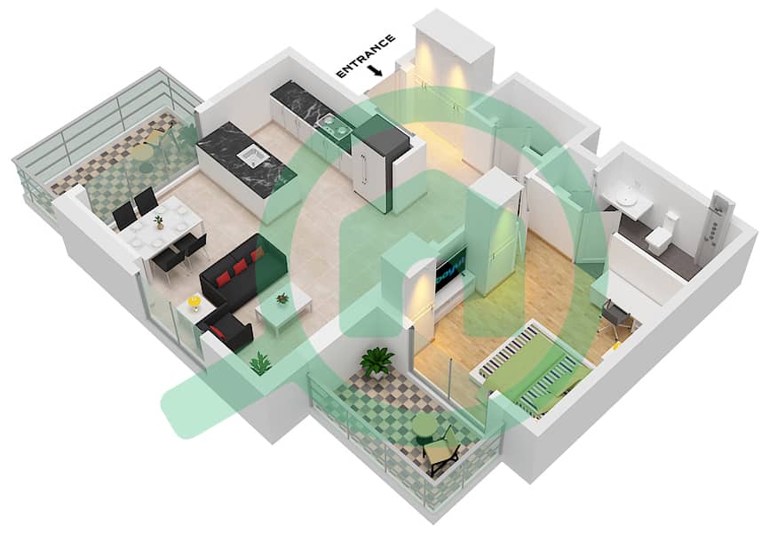 المخططات الطابقية لتصميم النموذج E FLOOR 2-12 شقة 1 غرفة نوم - بيركلي بليس E Floor 2-12 interactive3D