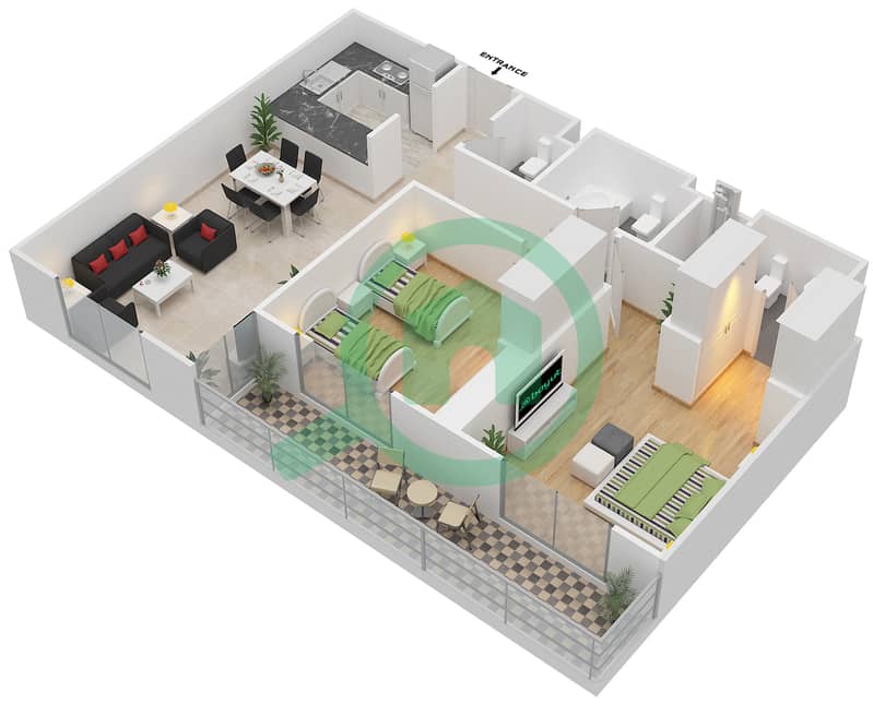 Parklane Residence 1 - 2 Bedroom Apartment Type/unit C/MIDDLE UNIT/FLOOR 1 Floor plan Floor 1 interactive3D