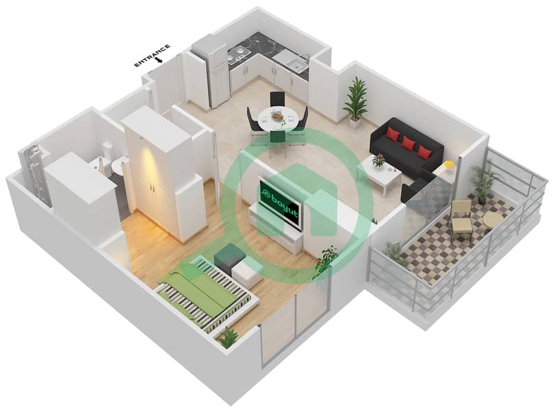 Parklane Residence 1 - 1 Bedroom Apartment Type/unit H/MIDDLE UNIT/FLOOR 2-10 Floor plan Floor 2-10 interactive3D