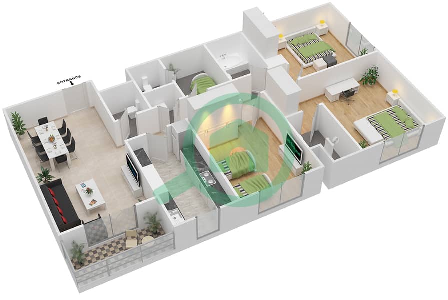 园路公寓1号楼 - 3 卧室公寓类型／单位A/CORNER UNIT/FLOOR 1戶型图 Floor 1 interactive3D