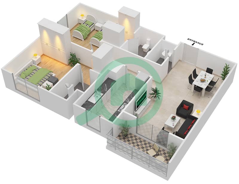 Parklane Residence 1 - 2 Bedroom Apartment Type/unit D/CORNER UNIT/FLOOR 2-12 Floor plan Floor 2-12,14 interactive3D