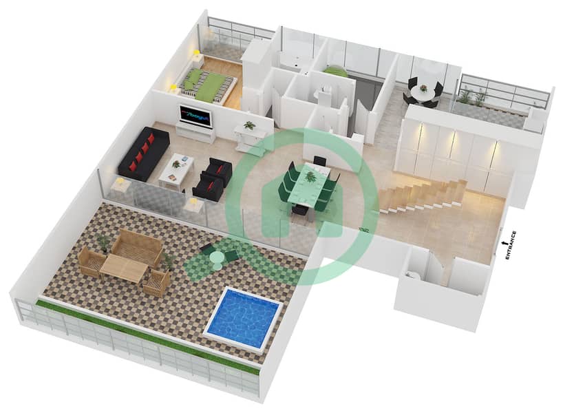 المخططات الطابقية لتصميم النموذج D/ FLOOR 1,1M تاون هاوس 3 غرف نوم - ويست وارف Lower Floor interactive3D