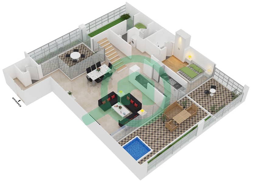 西码头大厦 - 3 卧室联排别墅类型A/FLOOR 1,1M戶型图 Lower Floor interactive3D