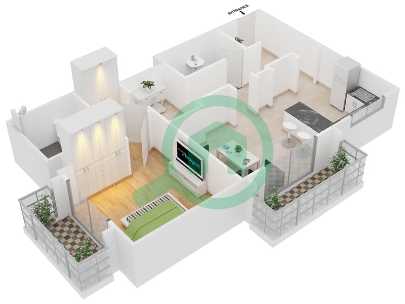 المخططات الطابقية لتصميم النموذج / الوحدة A /4 شقة 1 غرفة نوم - برج هوكي الجليد‬ interactive3D