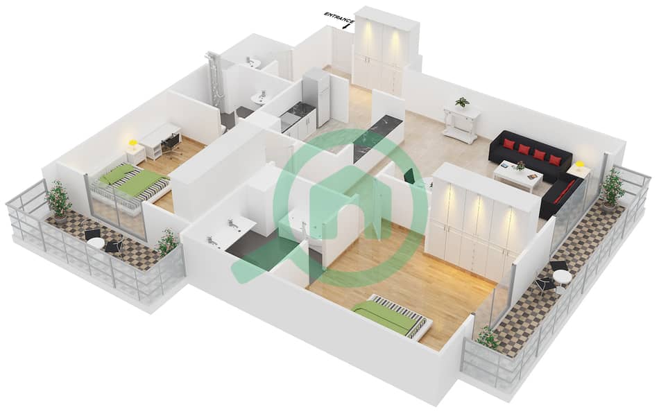冰球大厦 - 2 卧室公寓类型／单位4/A戶型图 interactive3D