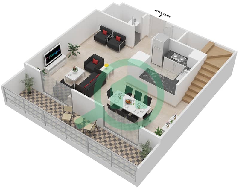 园路公寓1号楼 - 2 卧室公寓类型／单位C/DUPLEX MIDDLE UNIT戶型图 Lower Floor(Floor 11-12) interactive3D