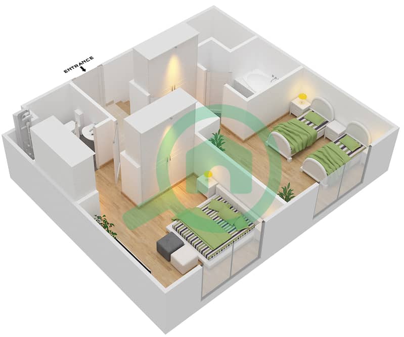 园路公寓1号楼 - 2 卧室公寓类型／单位C/DUPLEX MIDDLE UNIT戶型图 Upper Floor(Floor 11-12) interactive3D