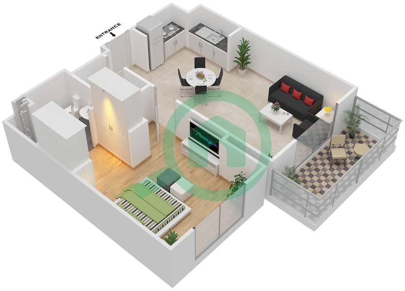 المخططات الطابقية لتصميم النموذج / الوحدة C/MIDDLE UNIT/FLOOR 2-12 شقة 1 غرفة نوم - بارك لاين ريزيدنس 1 Floor 2-12,14 interactive3D