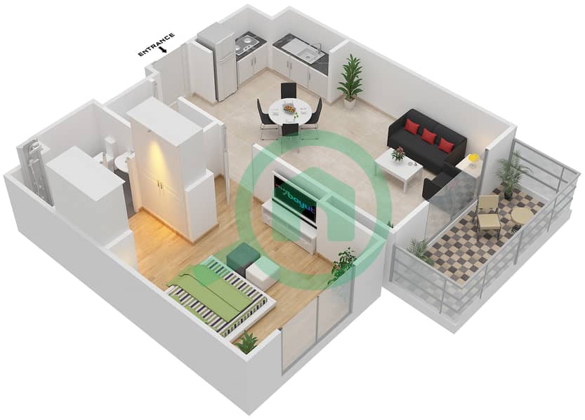 园路公寓1号楼 - 1 卧室公寓类型／单位C/MIDDLE UNIT/FLOOR 2-12戶型图 Floor 2-12,14 interactive3D