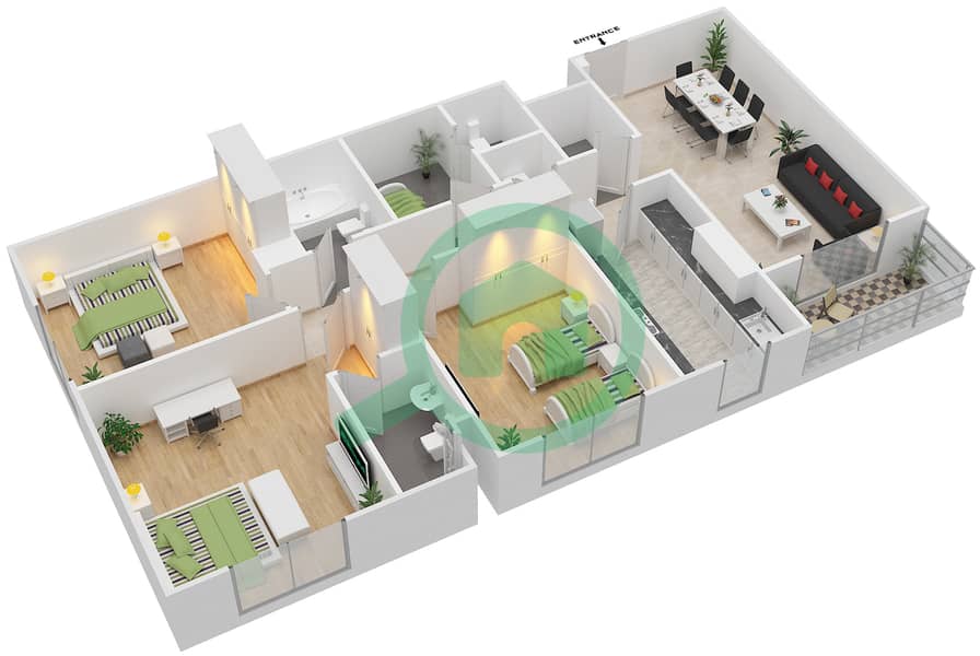 园路公寓1号楼 - 3 卧室公寓类型／单位B/CORNER UNIT/FLOOR 2-10戶型图 Floor 2-10 interactive3D