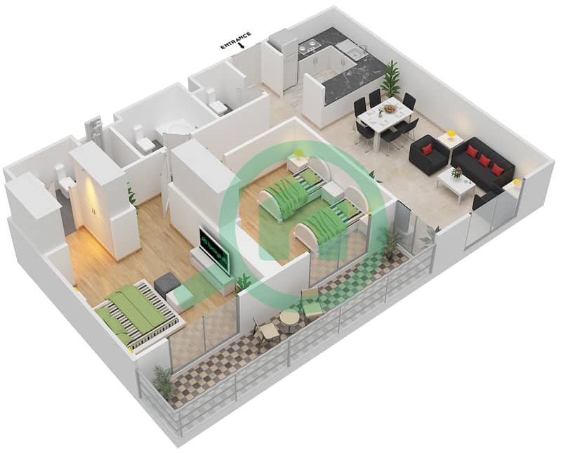 المخططات الطابقية لتصميم النموذج / الوحدة B/MIDDLE UNIT/FLOOR 1 شقة 2 غرفة نوم - بارك لاين ريزيدنس 1 Floor 1 interactive3D