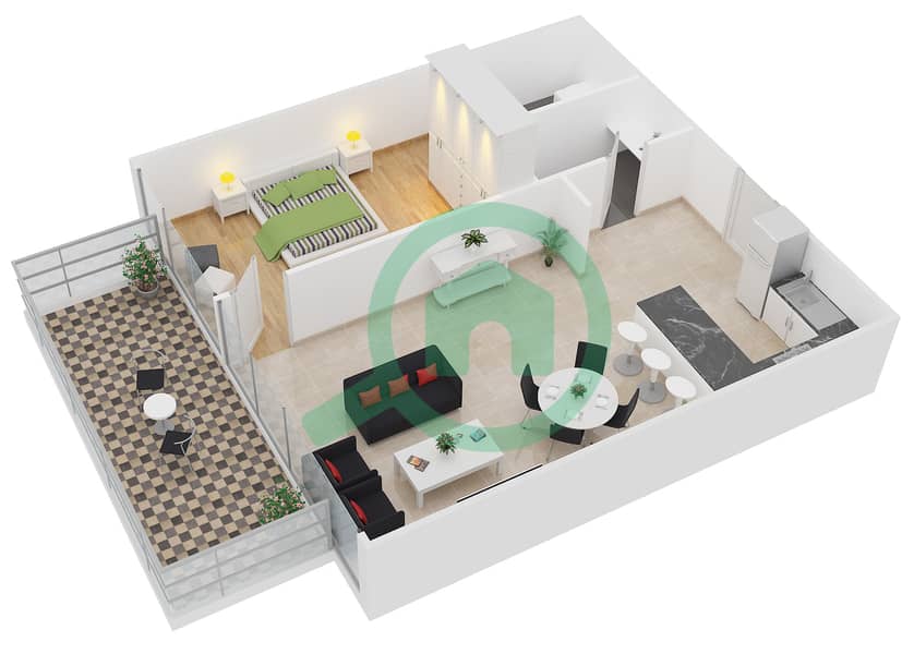 المخططات الطابقية لتصميم النموذج A شقة 1 غرفة نوم - زايا هاميني interactive3D