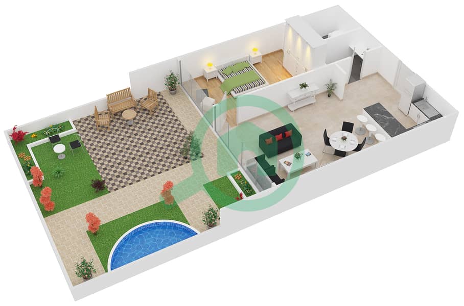 扎亚哈梅尼公寓 - 1 卧室公寓类型A1戶型图 interactive3D