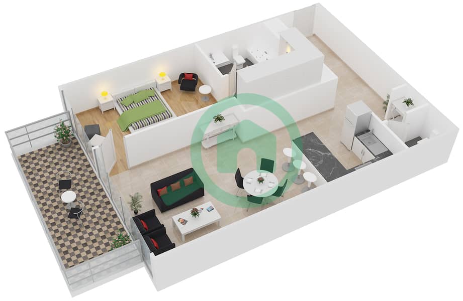 المخططات الطابقية لتصميم النموذج B شقة 1 غرفة نوم - زايا هاميني interactive3D
