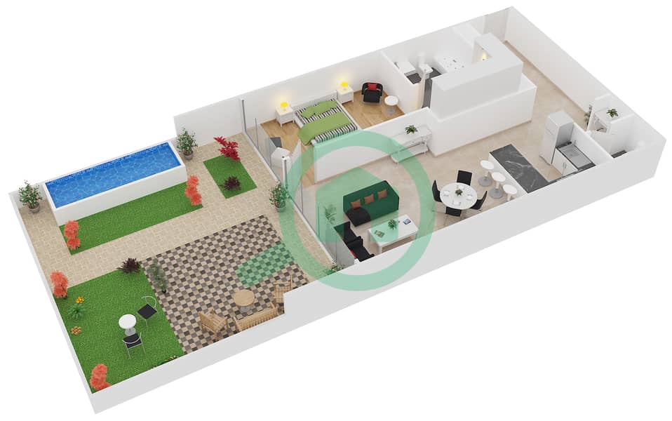 扎亚哈梅尼公寓 - 1 卧室公寓类型B1戶型图 interactive3D